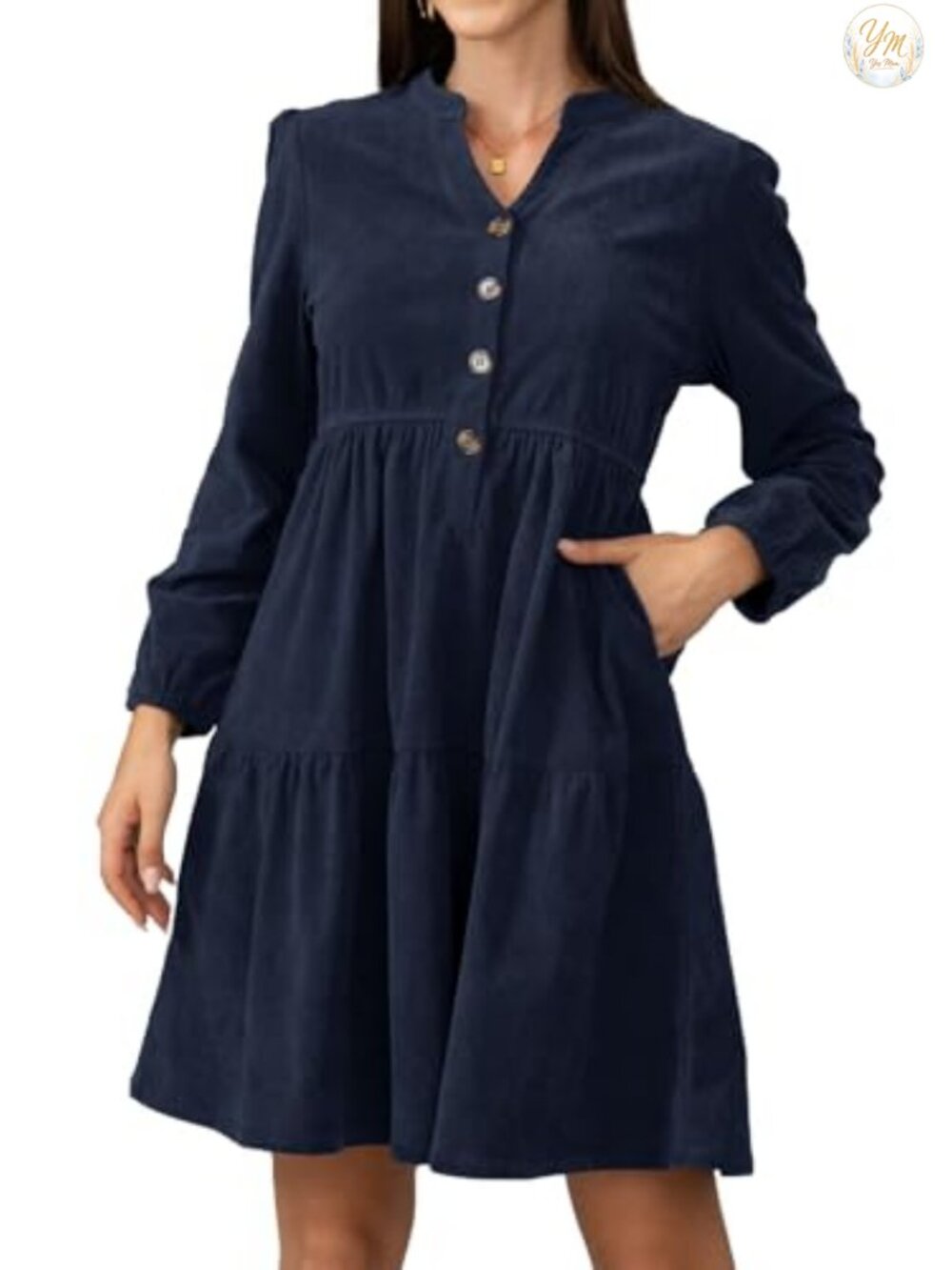 Women's Corduroy Long Sleeve V-Neck Fit & Flare Work Dress